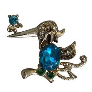 Vtg 1 in Jeweled Bird wFlower Brooch Pin Belly Jeweled Gold Tone Costume Jewelry